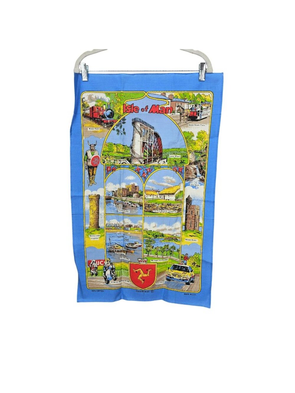 Vintage Isle Of Man Souvenir Tea Towel Featuring Landmarks Laxey Wheel Castle Ru
